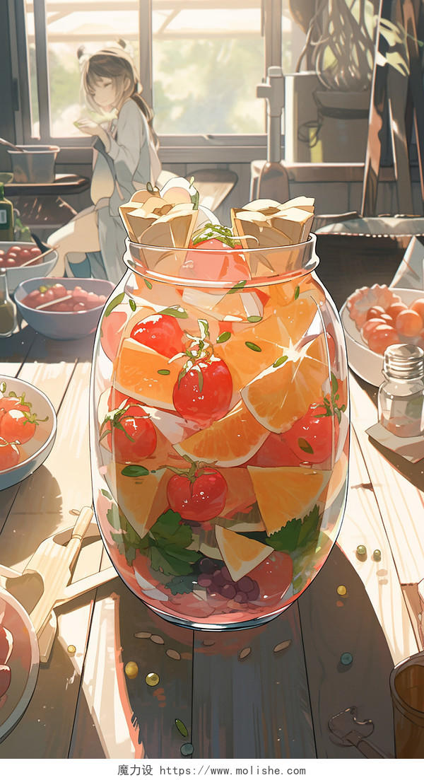 夏天果汁饮料水果冰淇淋动漫二次元下午茶插画人物场景